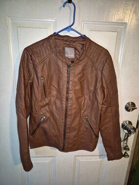 Falls Creek Cognac Brown Faux Leather Moto Jacket Stretch Panels L